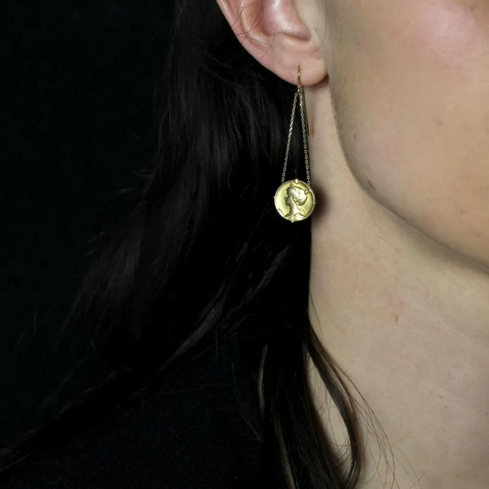 Pendants d'oreilles or jaune et médailles