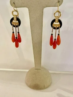 Pendants d'Oreilles Or Onyx Corail