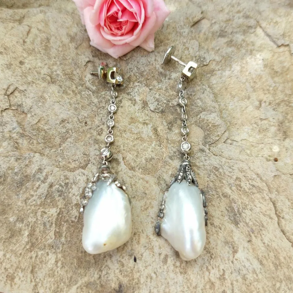 Pendants d’oreilles perles or blanc argent et diamants