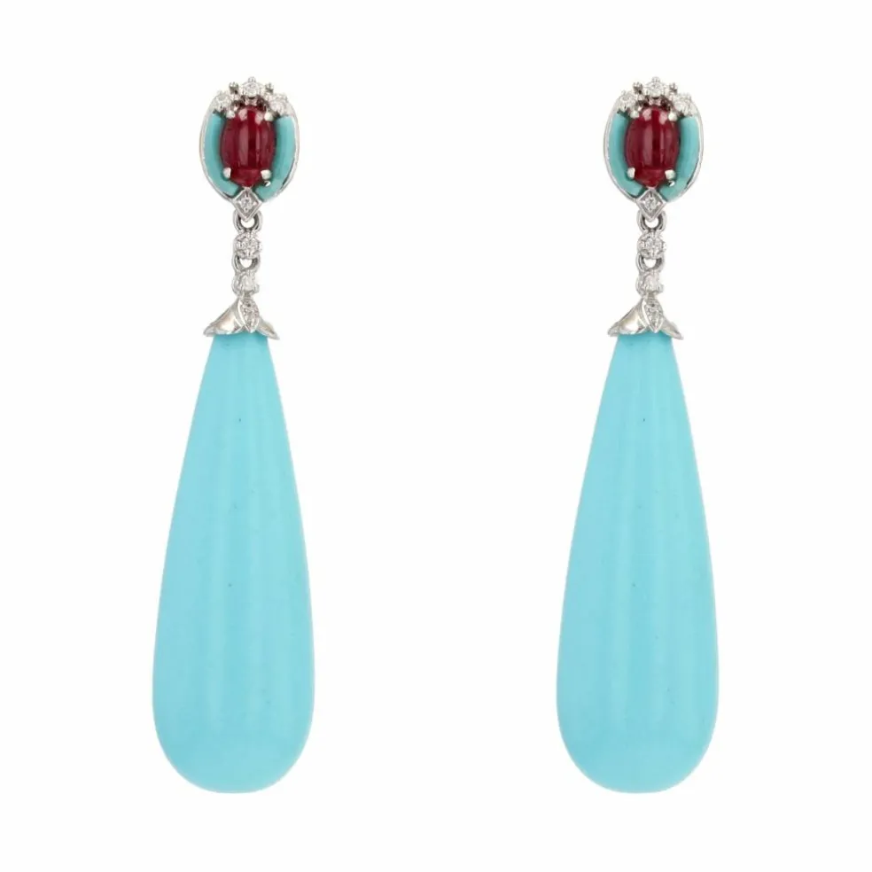 Pendants d'oreilles turquoise rubis et diamants