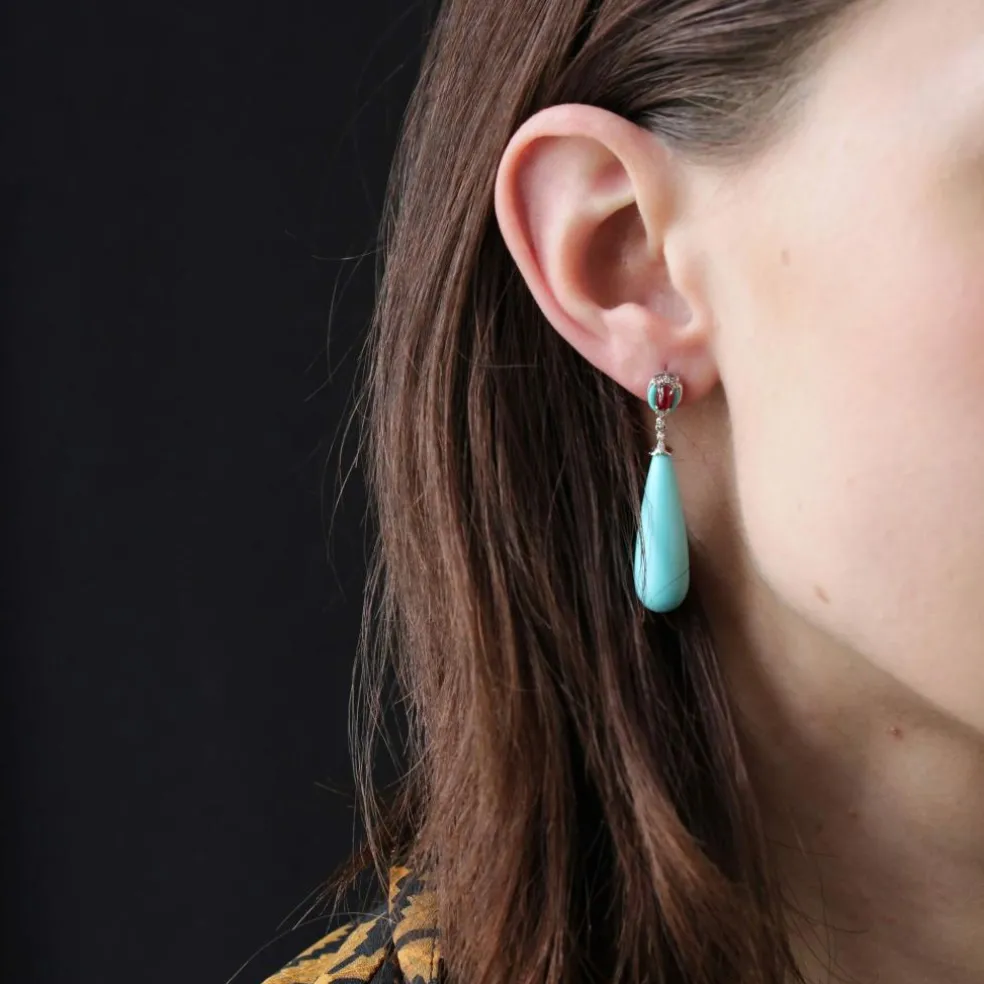 Pendants d'oreilles turquoise rubis et diamants