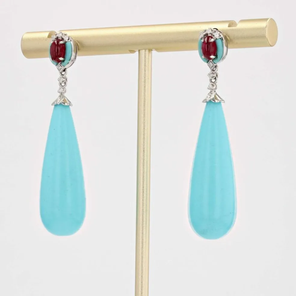 Pendants d'oreilles turquoise rubis et diamants