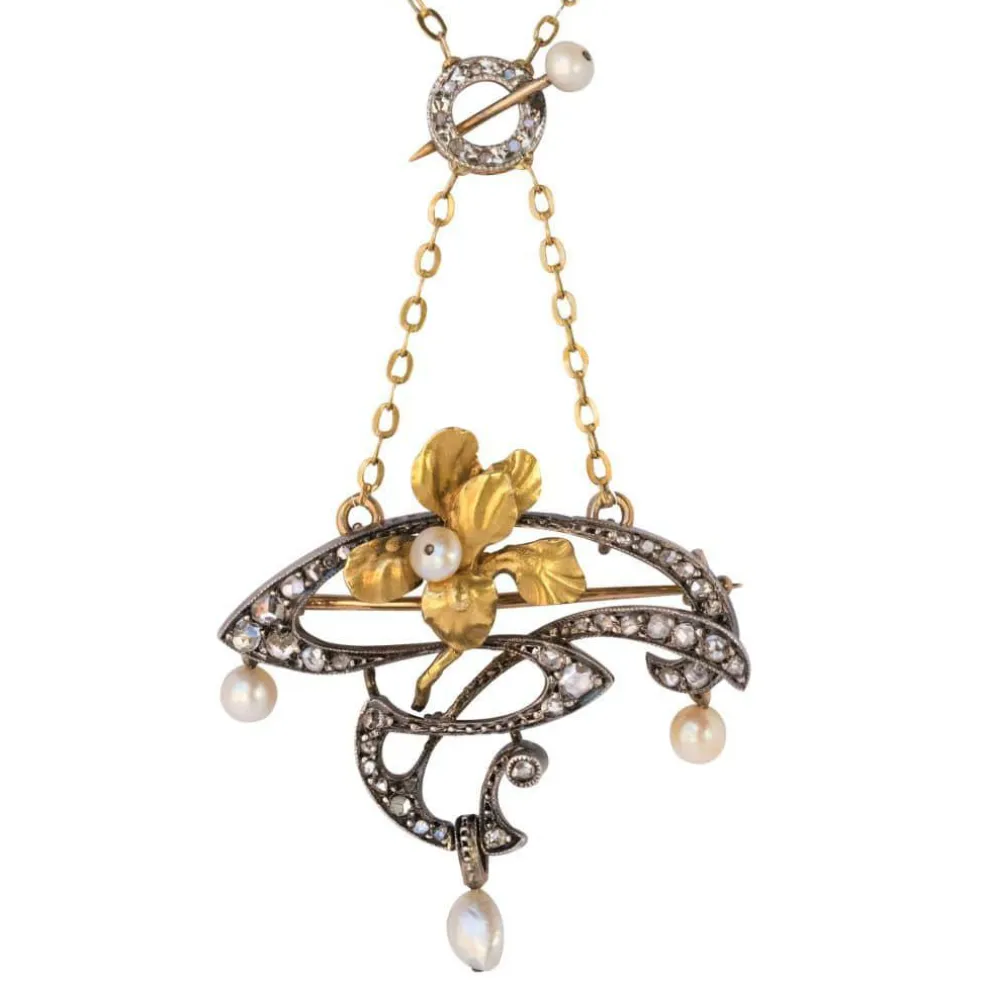 Pendentif - Broche Art nouveau Diamants et Perles