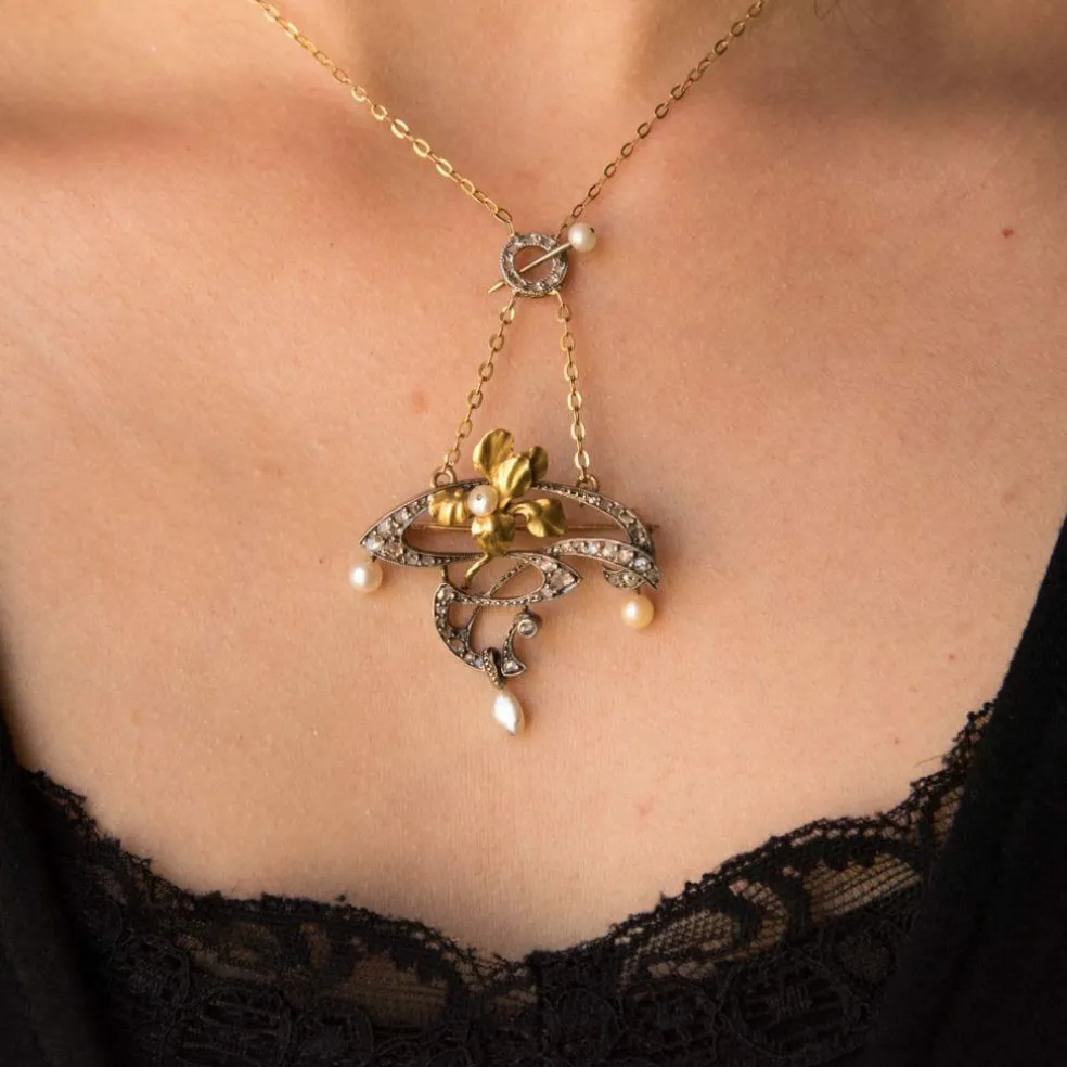 Pendentif - Broche Art nouveau Diamants et Perles
