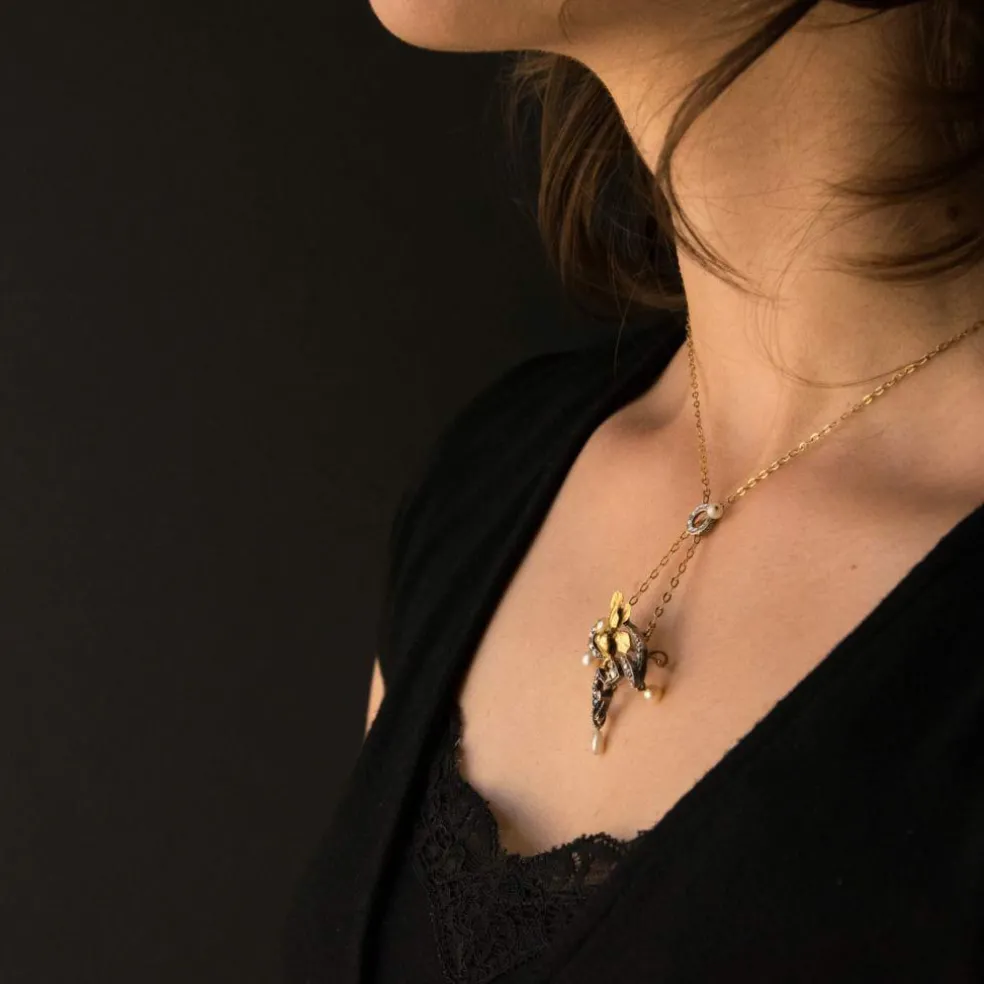 Pendentif - Broche Art nouveau Diamants et Perles