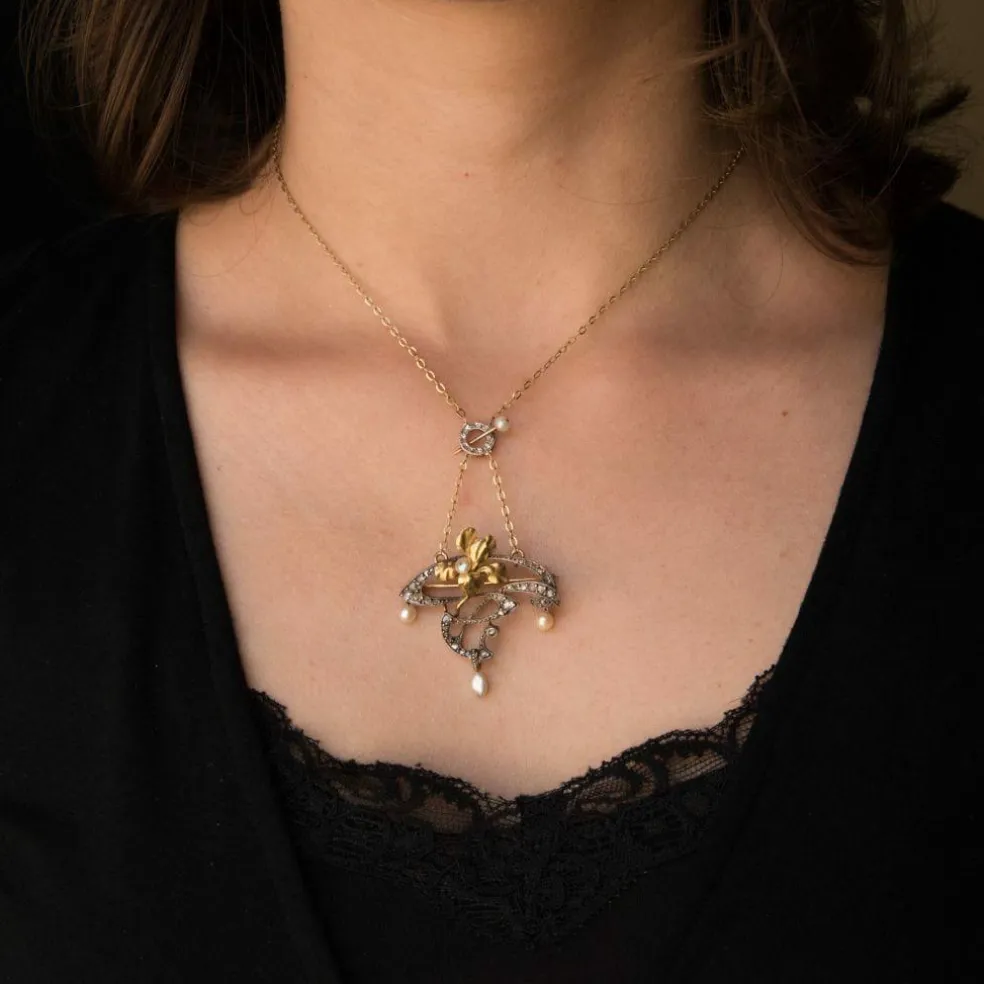 Pendentif - Broche Art nouveau Diamants et Perles