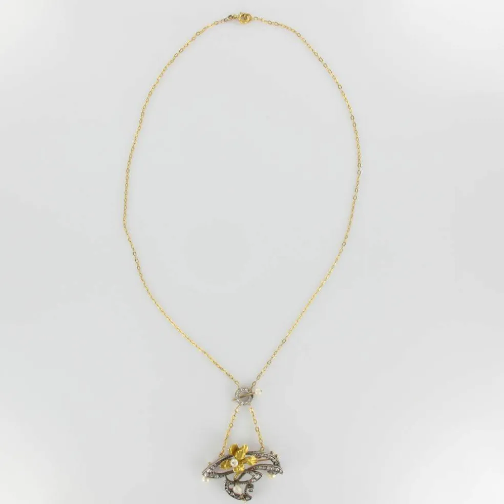 Pendentif - Broche Art nouveau Diamants et Perles