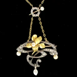 Pendentif - Broche Art nouveau Diamants et Perles