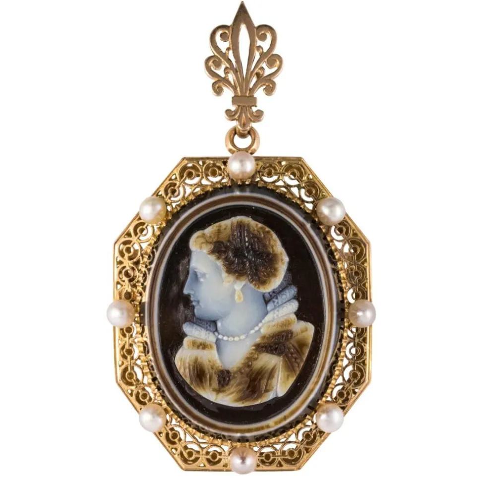 Pendentif - Broche Aucoc Camée ancien et ses perles