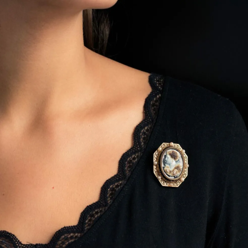 Pendentif - Broche Aucoc Camée ancien et ses perles