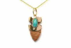 Pendentif années 70 or jaune, turquoise, silex