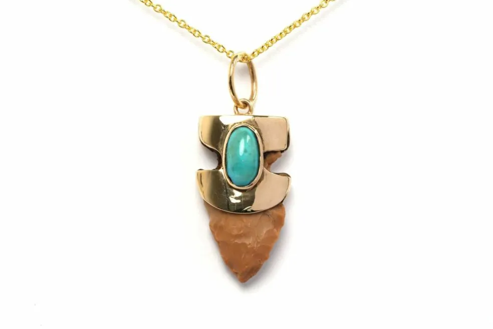 Pendentif années 70 or jaune, turquoise, silex