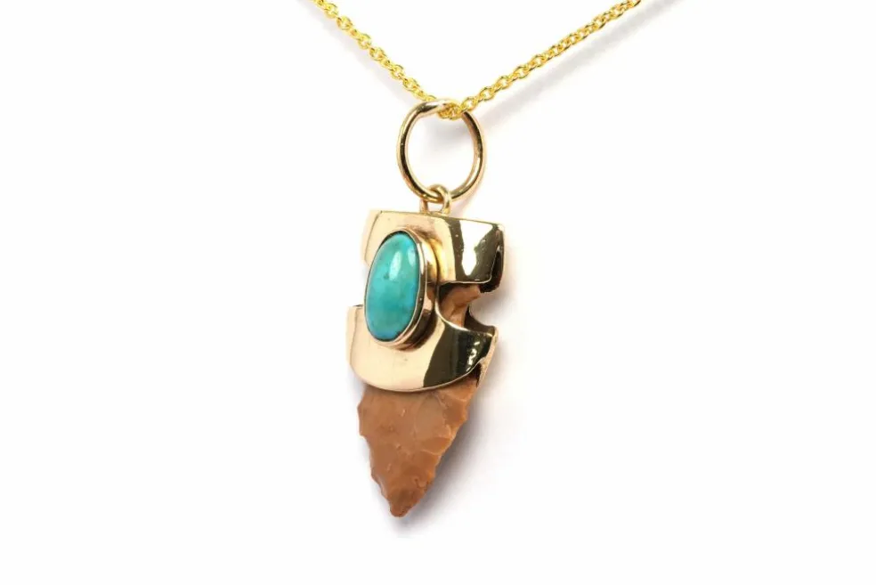 Pendentif années 70 or jaune, turquoise, silex