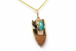 Pendentif années 70 or jaune, turquoise, silex