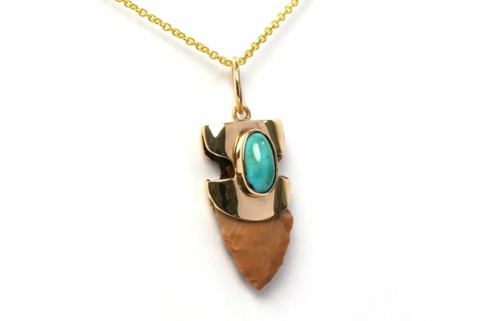 Pendentif années 70 or jaune, turquoise, silex