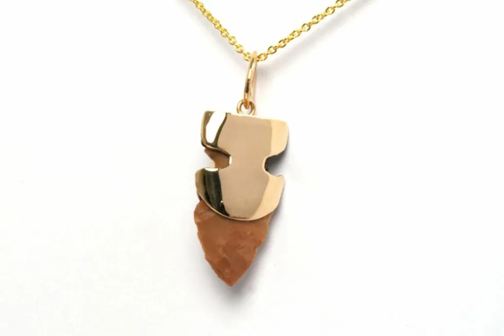 Pendentif années 70 or jaune, turquoise, silex