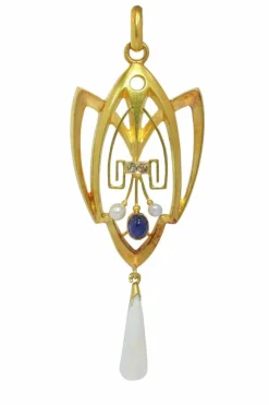 Pendentif Art Nouveau avec diamants, saphir et perle rare