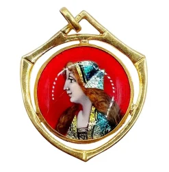 Pendentif art nouveau Limoges or jaune plaque émaillée à la jeune fille