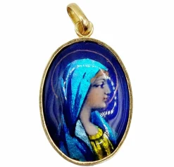 Pendentif art nouveau Limoges or jaune 18k plaque émaillée a la vierge Marie