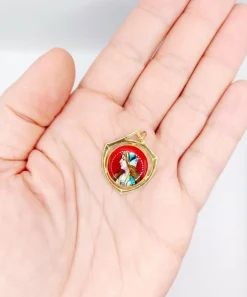 Pendentif art nouveau Limoges or jaune plaque émaillée à la jeune fille