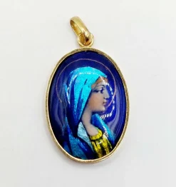 Pendentif art nouveau Limoges or jaune 18k plaque émaillée a la vierge Marie