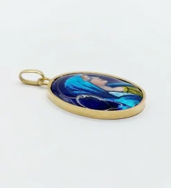 Pendentif art nouveau Limoges or jaune 18k plaque émaillée a la vierge Marie