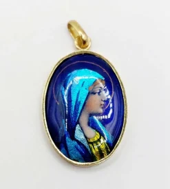Pendentif art nouveau Limoges or jaune 18k plaque émaillée a la vierge Marie