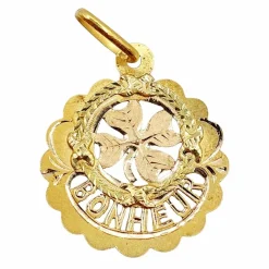 Pendentif Art Nouveau or rose orné de l'inscription BONHEUR, trèfle à 4 feuilles (circa 1910)