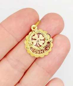 Pendentif Art Nouveau or rose orné de l'inscription BONHEUR, trèfle à 4 feuilles (circa 1910)