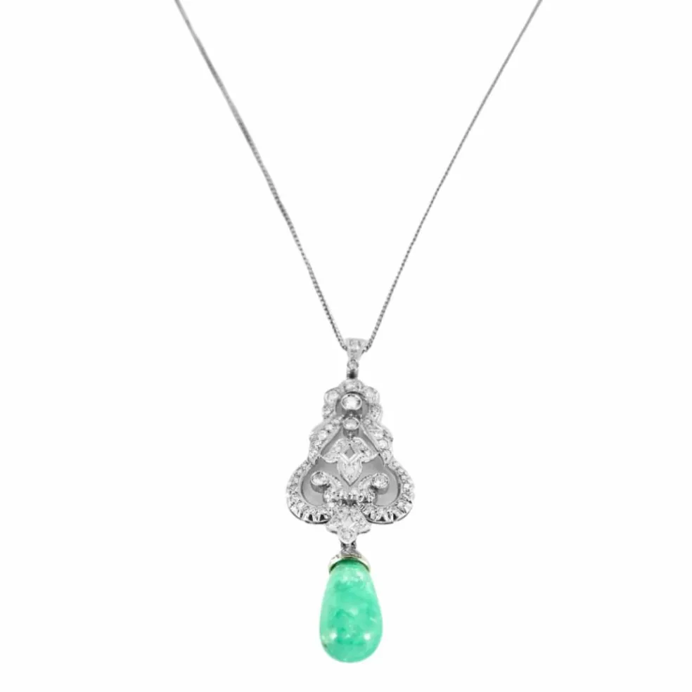 Pendentif Belle Epoque, or blanc, diamants et émeraude