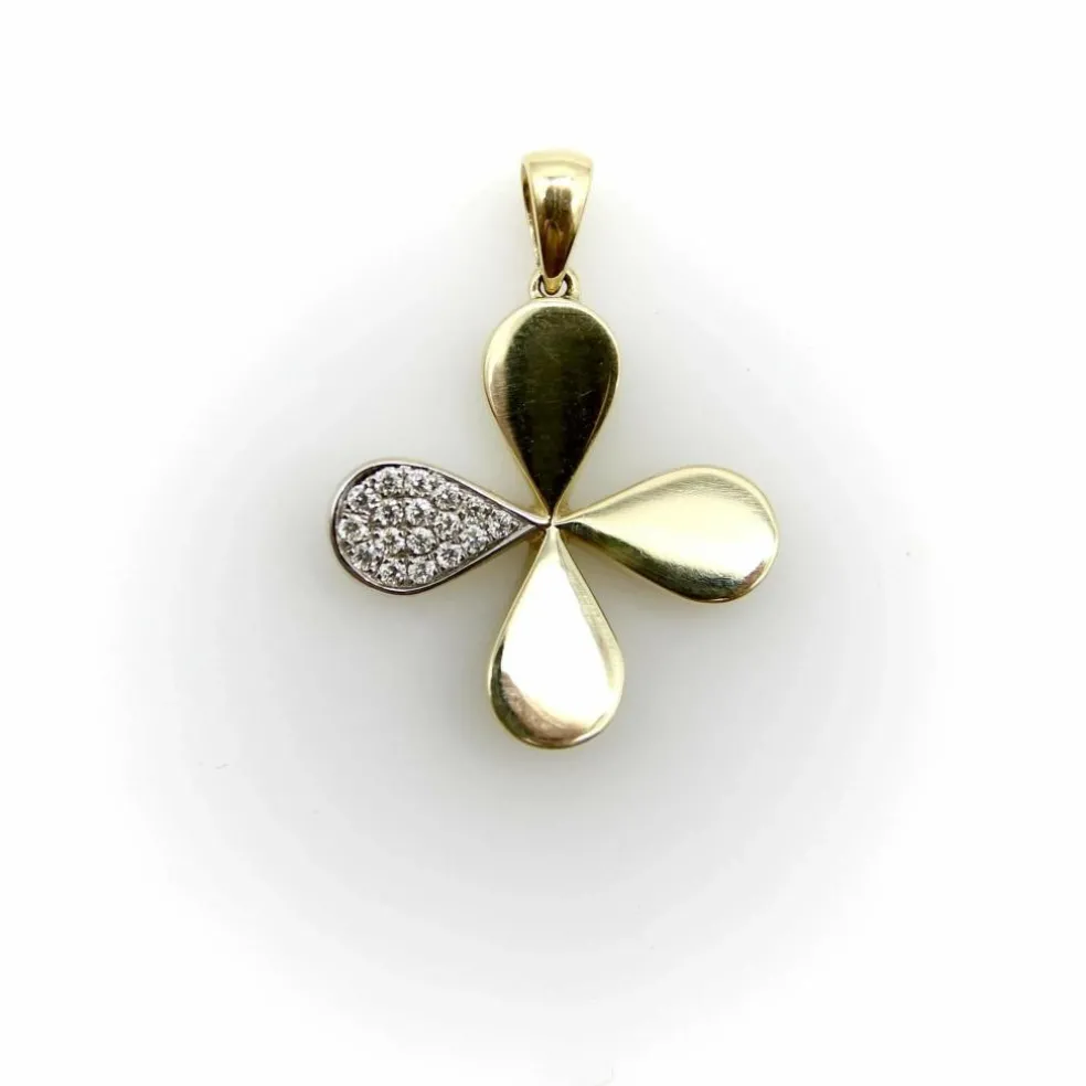 Pendentif breloque trèfle à quatre feuilles porte-bonheur or jaune pavé diamants
