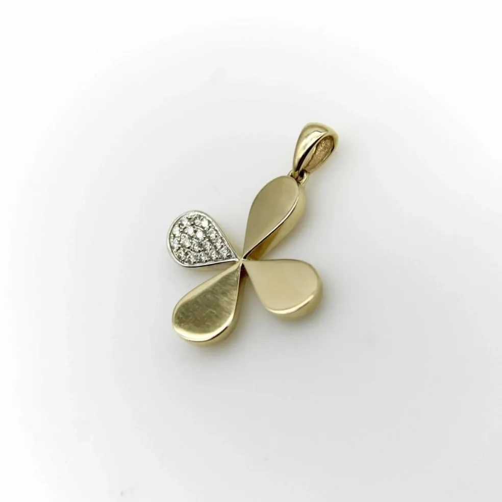 Pendentif breloque trèfle à quatre feuilles porte-bonheur or jaune pavé diamants