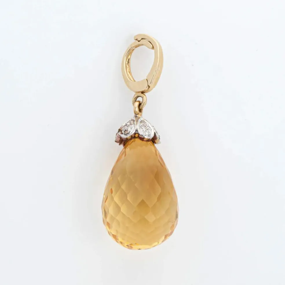 Pendentif Briolette Citrine Diamant Estate Or Jaune