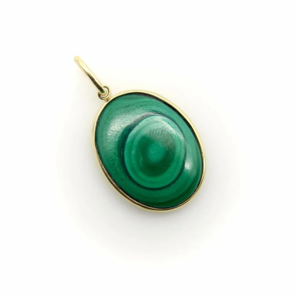 Pendentif cercles concentriques en malachite signature dorée