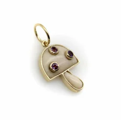 Pendentif Champignon Magique en or jaune, quartz crème et améthyste