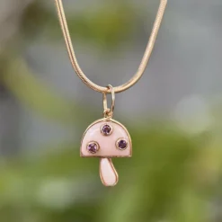 Pendentif Champignon Magique en or jaune, quartz crème et améthyste