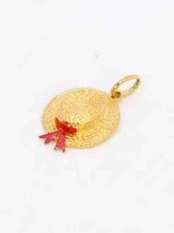 Pendentif charms vintage chapeau or jaune email rouge