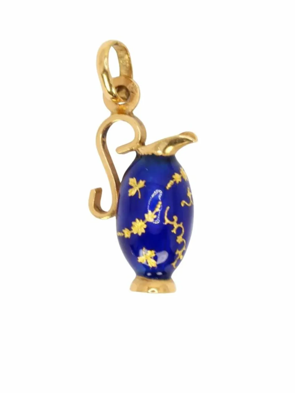 Pendentif charms vintage pichet or jaune émail bleu