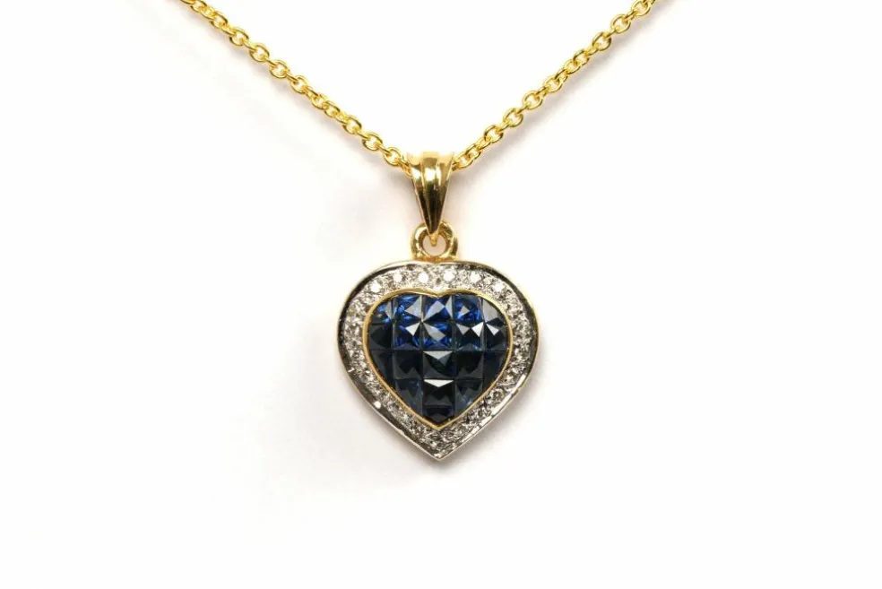 Pendentif contemporain en or jaune, saphirs, diamants
