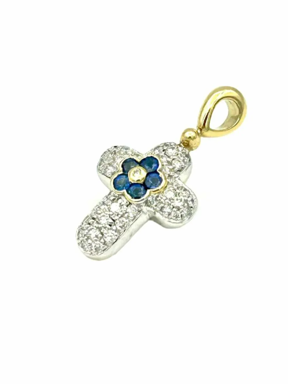 Pendentif Croix 2 Ors 18K Saphir et Diamants