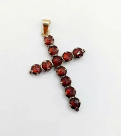 Pendentif croix antique or et argent, grenats de Perpignan sur paillons (circa 1900)