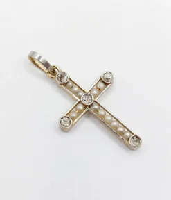 Pendentif croix Art Déco or, diamant taille ancienne, diamant taille roses et perles (circa 1920)