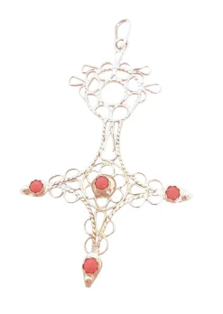 Pendentif Croix du sud ou d'Agadez, cabochons de Corail Or