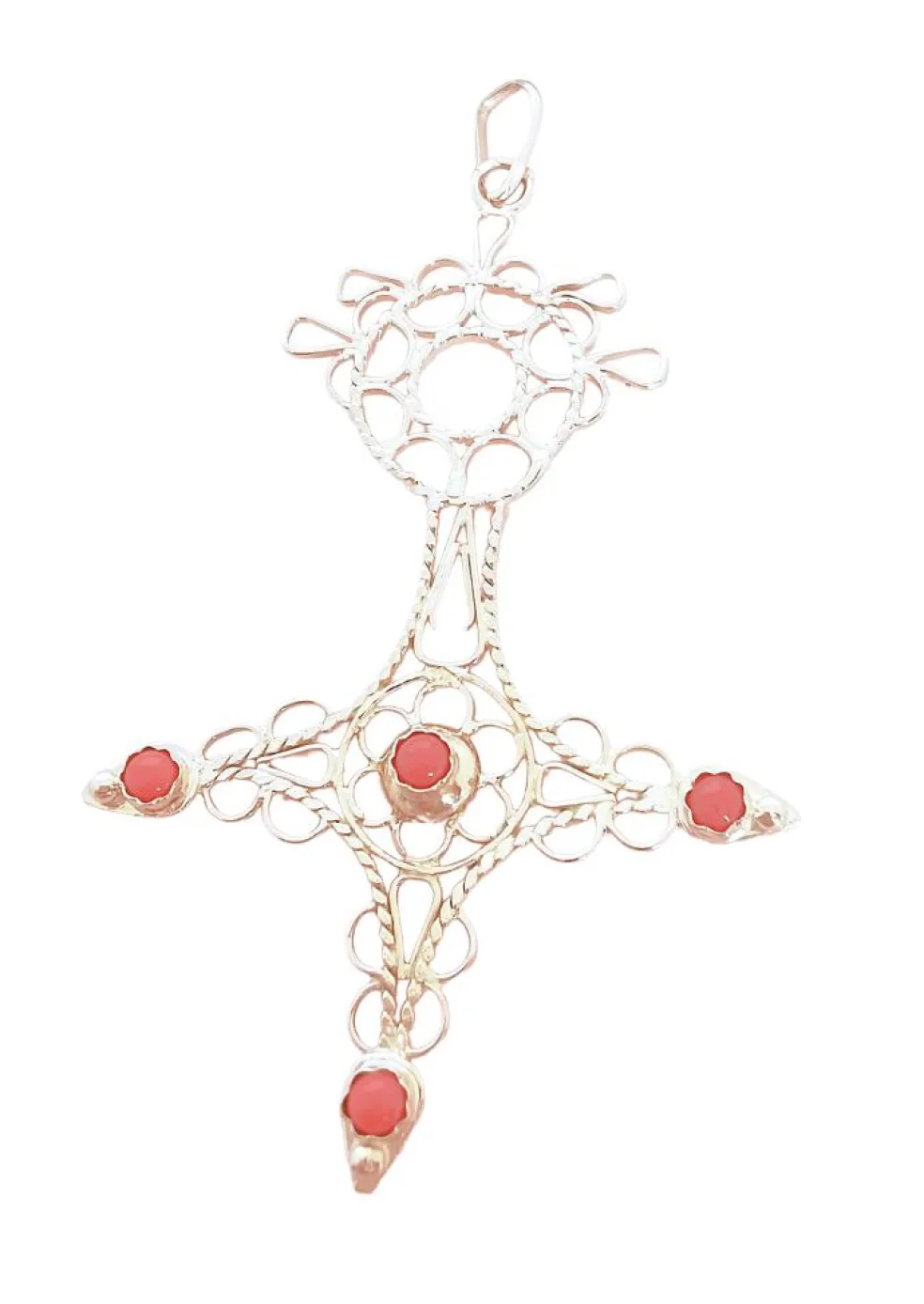 Pendentif Croix du sud ou d'Agadez, cabochons de Corail Or
