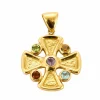 Pendentif croix en or jaune, améthyste, péridots, citrine et topaze