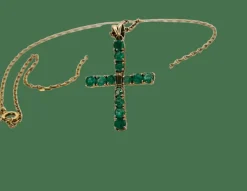 Pendentif croix en or jaune avec émeraudes naturelles