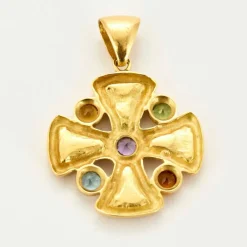 Pendentif croix en or jaune, améthyste, péridots, citrine et topaze