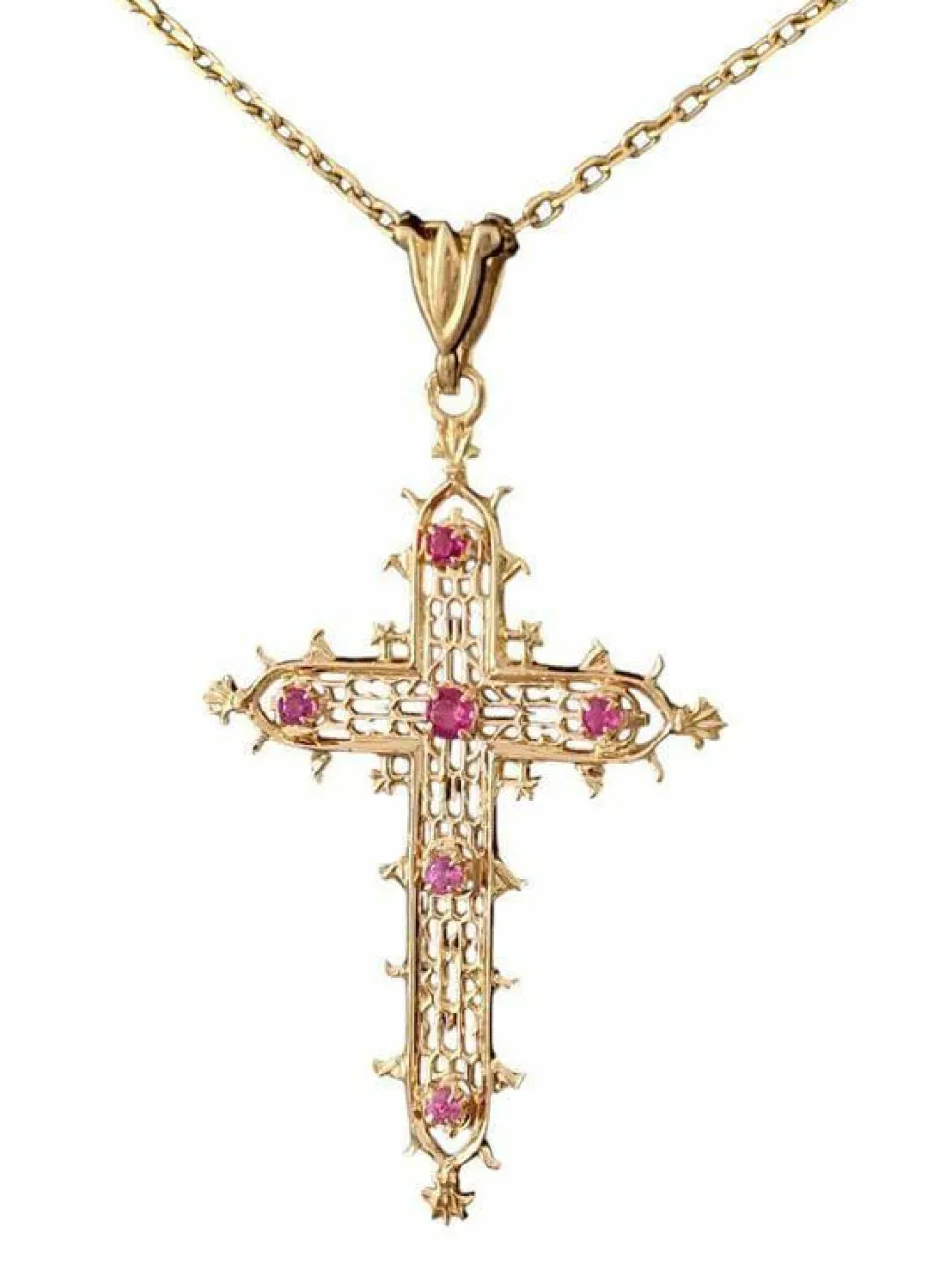 Pendentif croix filigrané en or jaune et rubis