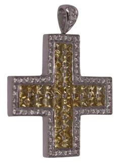 Pendentif croix or blanc Diamants Saphirs jaunes