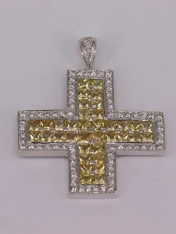 Pendentif croix or blanc Diamants Saphirs jaunes